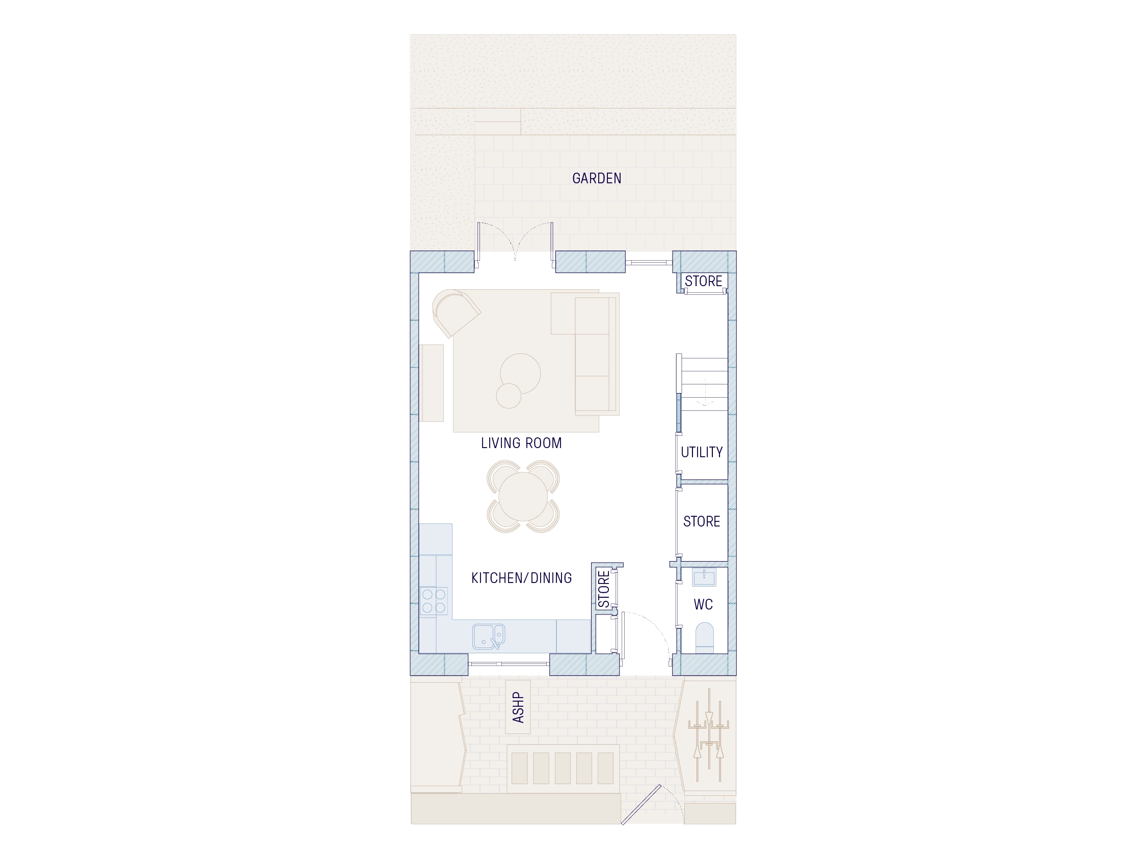 Downstairs of house with spacious kitchen-living-dining room, downstairs W/C and laundry cupboard