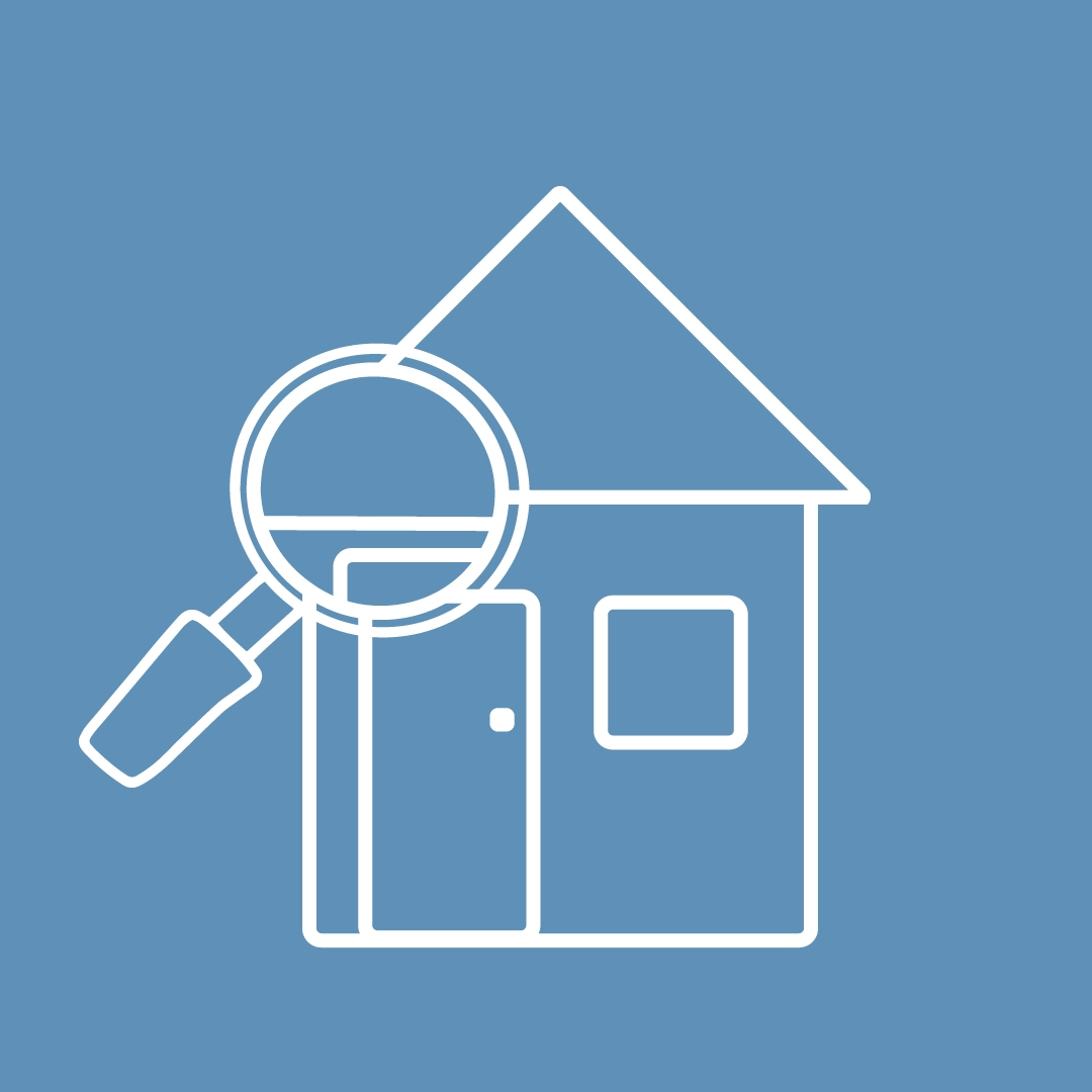 A minimalist illustration of a house with a magnifying glass looking over it, set against a light blue background.
