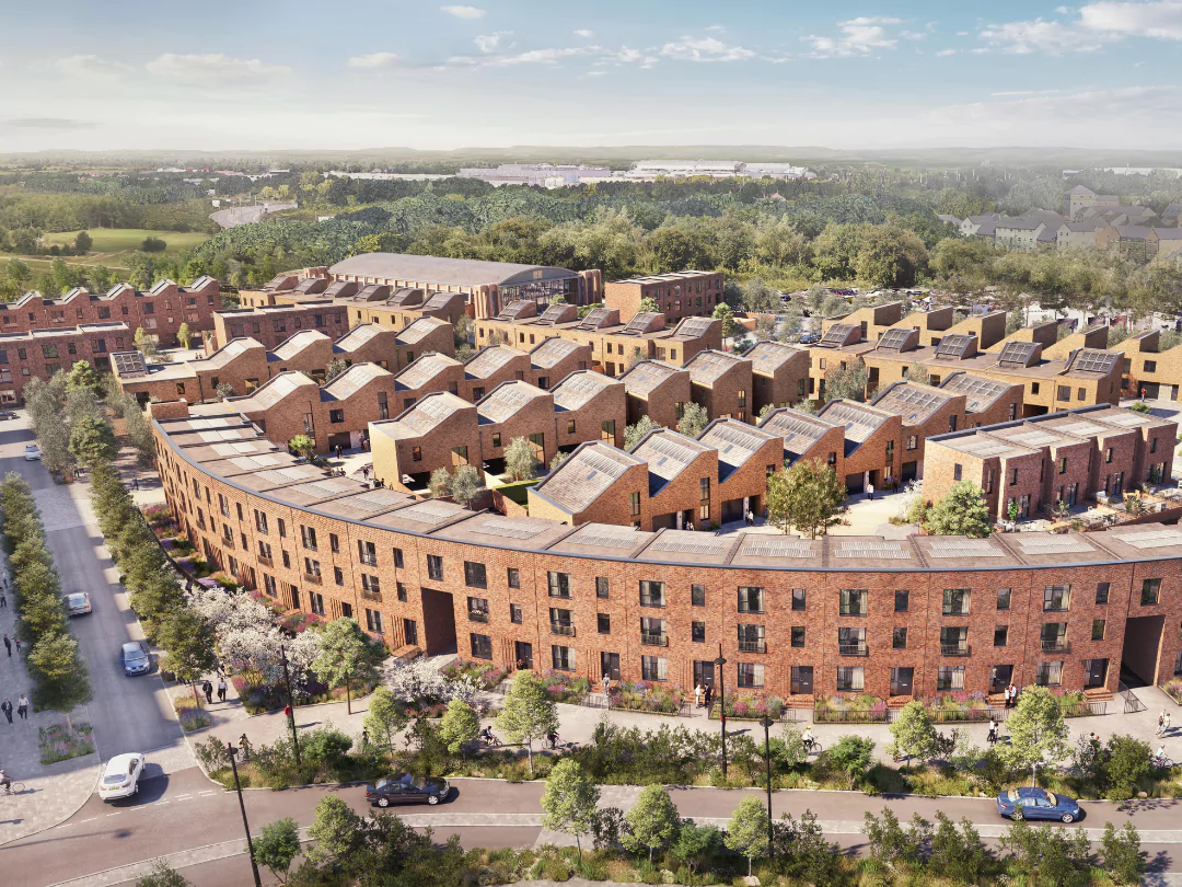 CGI ariel shot of The Hangar District at Brabazon, showcasing Fairlawn avenue, Hangar 16U and townhoses within the district. 