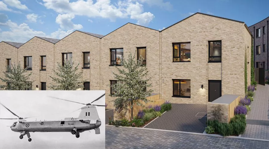 CGI of The Belvedere at Brabazon - A collection of modern brick townhouses at Brabazon in Bristol. An overlay of black-and-white image of a helicopter sits in the lower-left corner.
