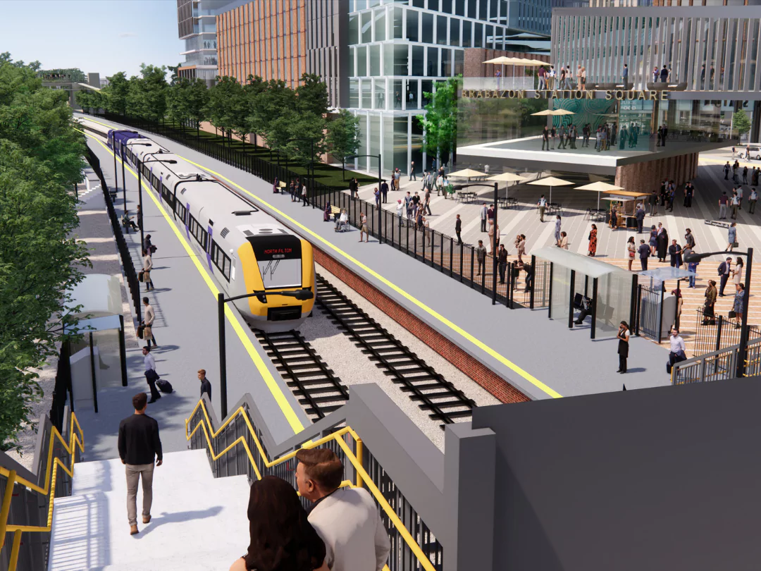 A GWR train approaching the new train station platform in North Bristol at Brabazon. 