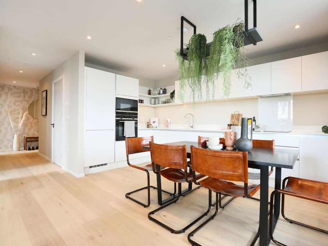 Open-plan kitchen diner with glossy white work tops, hanging plants and stylish seating.