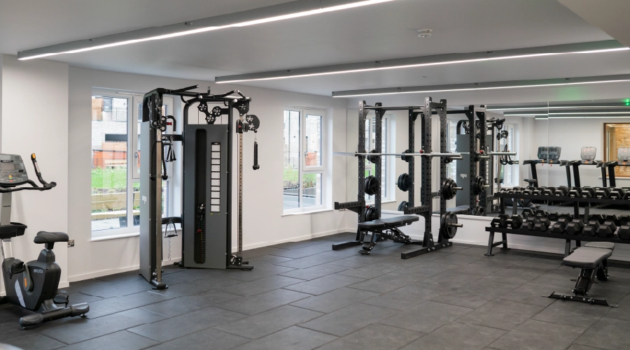 Bright communal gym with a wights and aerobic equipment.