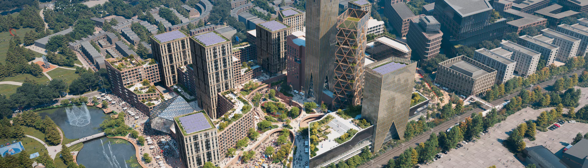 Top-down rendering of the bustling town centre planned for Brabazon with high-rise hotels, offices, retail, dining and leisure.