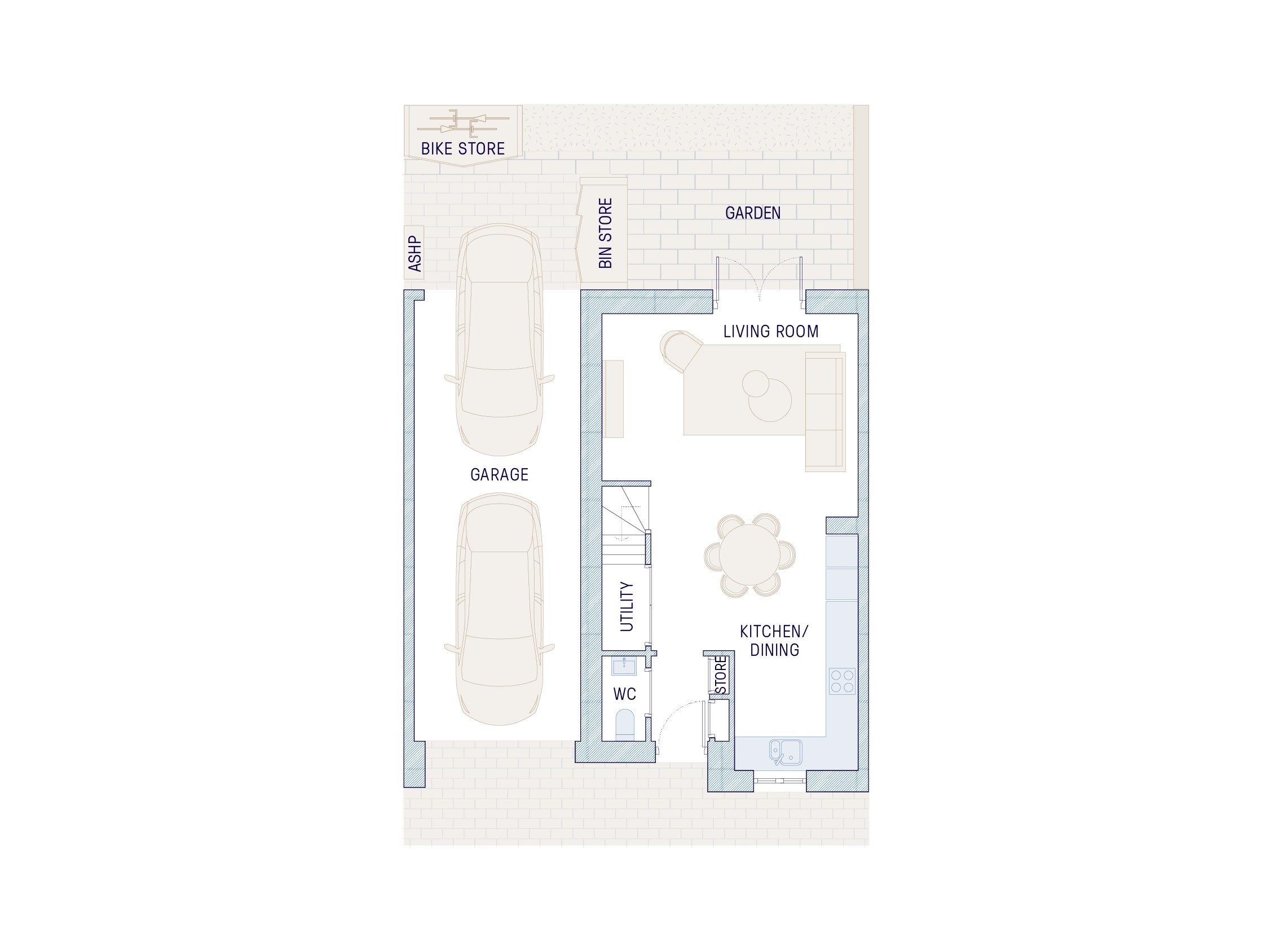 Ground floor with double-height living room ceiling, fitted kitchen and car port garage
