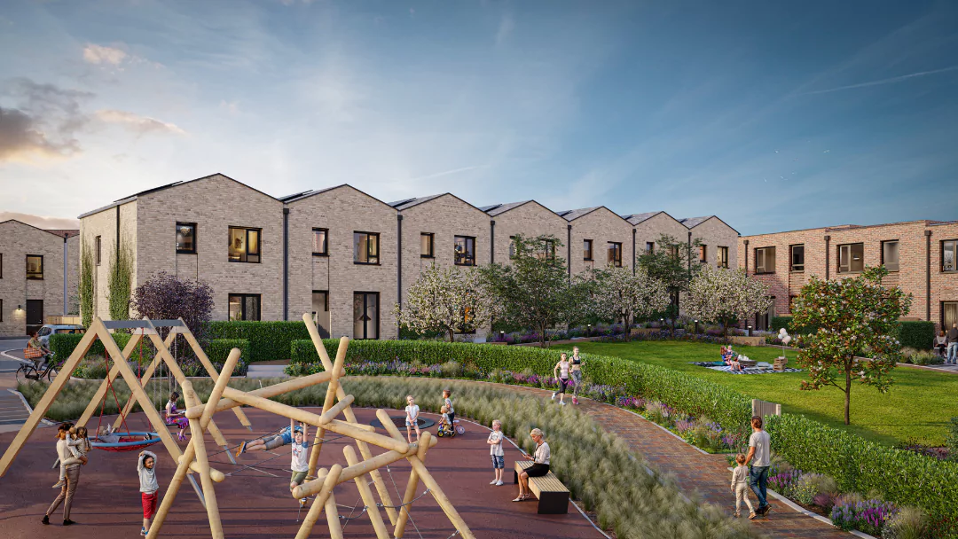 CGI of The Heritage District outdoor space showcasing children enjoying the playground, families walking along the footpath and people enjoying a picnic on the grass. 