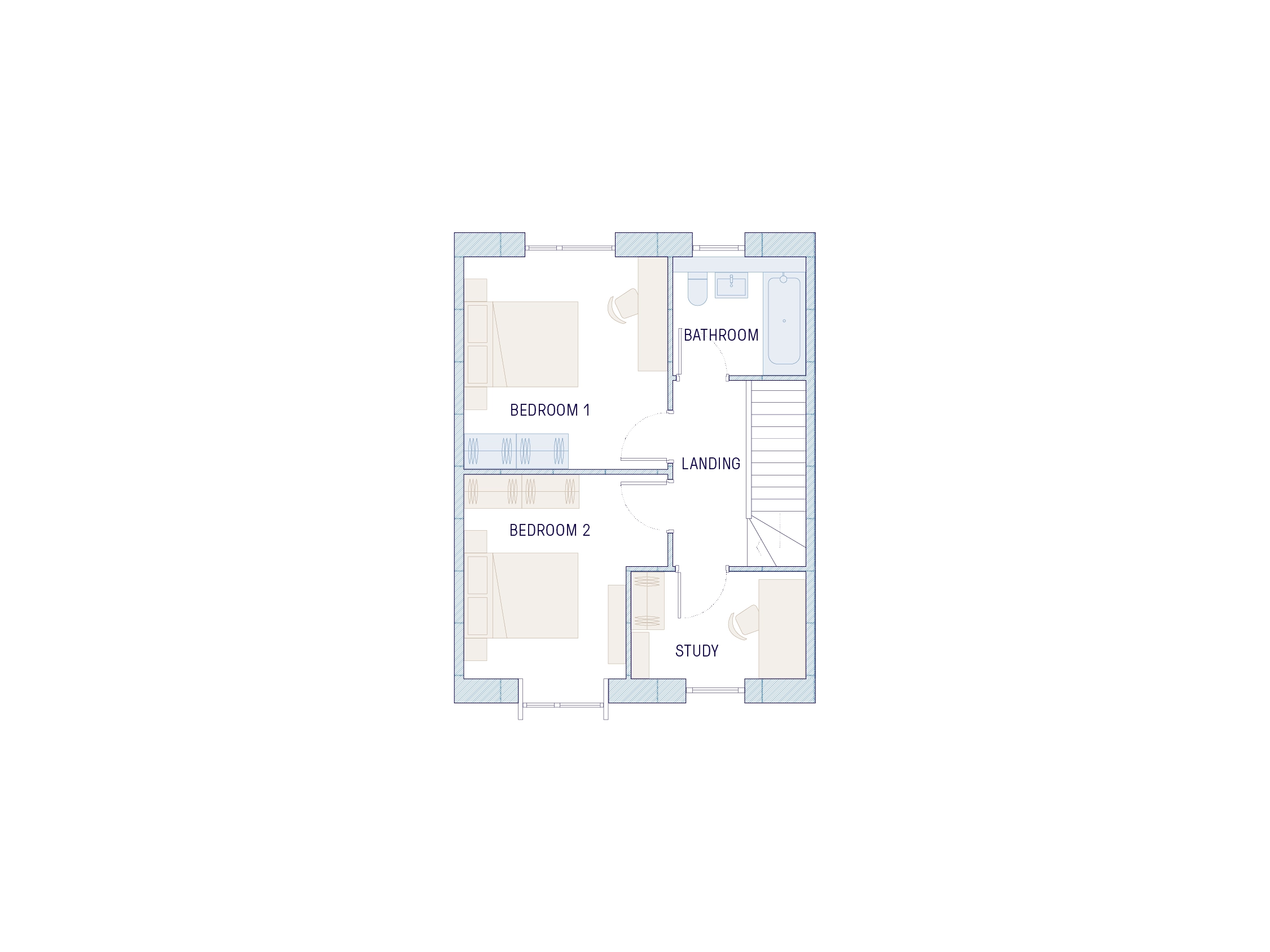 Upstairs plan of house with two double bedrooms, separate study, hallway and family bathroom