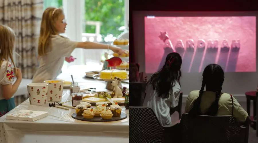 One photograph of two girls enjoying Wallace & Gromit inspired snacks. To the right, another photograph of kids watching Wallace & Gromit: Vengeance Most Fowl in small cinema.