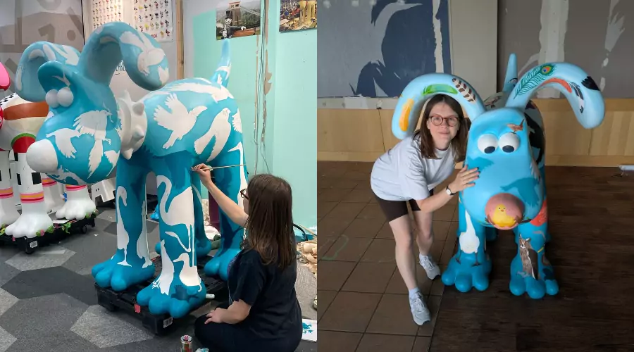 Split Image - one of Hannah painting 'The Birds' and one with the final design.